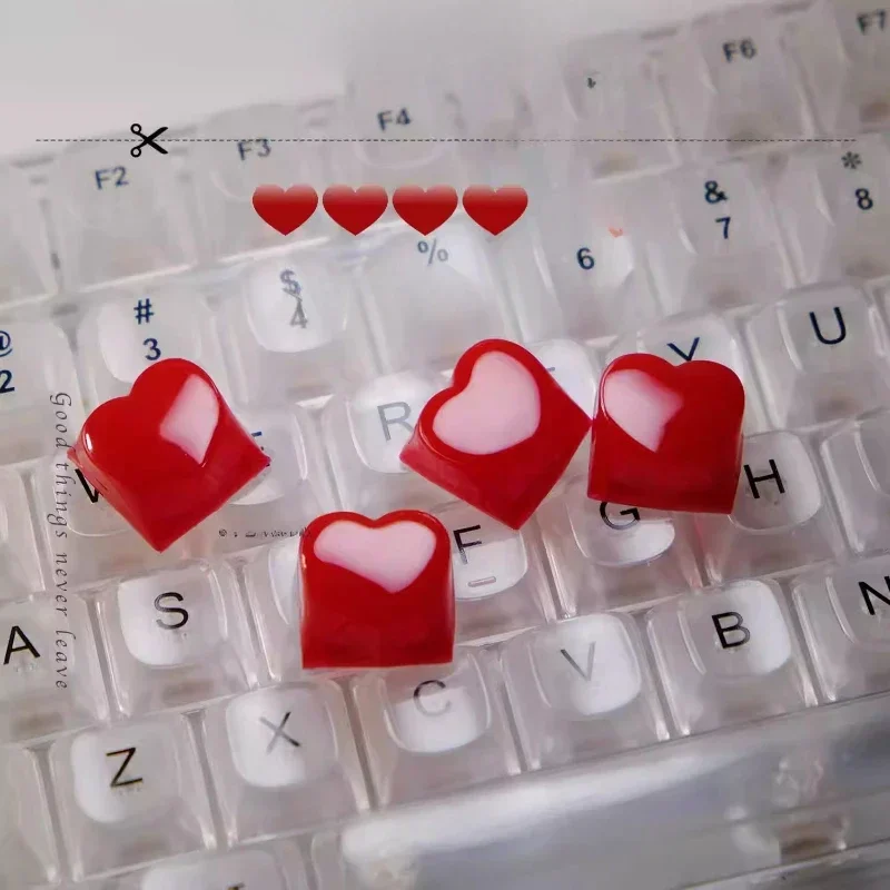 Teclas translúcidas creativas en forma de corazón, accesorios de teclado mecánico artesanales de resina, lindas tapas de teclado personalizadas