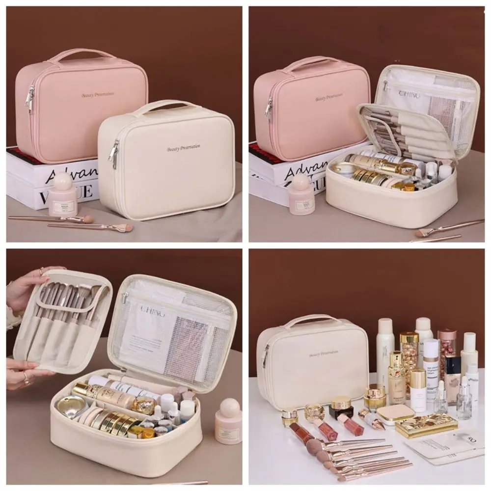 Tas kosmetik kulit PU persegi elegan, tas tangan wanita/anak perempuan, tas kantong Makeup tahan air, tas cuci perjalanan multifungsi, tas kosmetik kulit PU kotak elegan