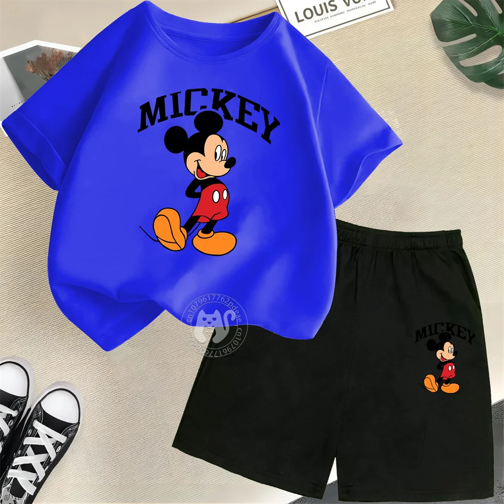 Disney Mickey Mouse Minnie Printed 100% Cotton T-shirt+Shorts Summer Short sleeved Boys and Girls Round Neck Children\'s Set