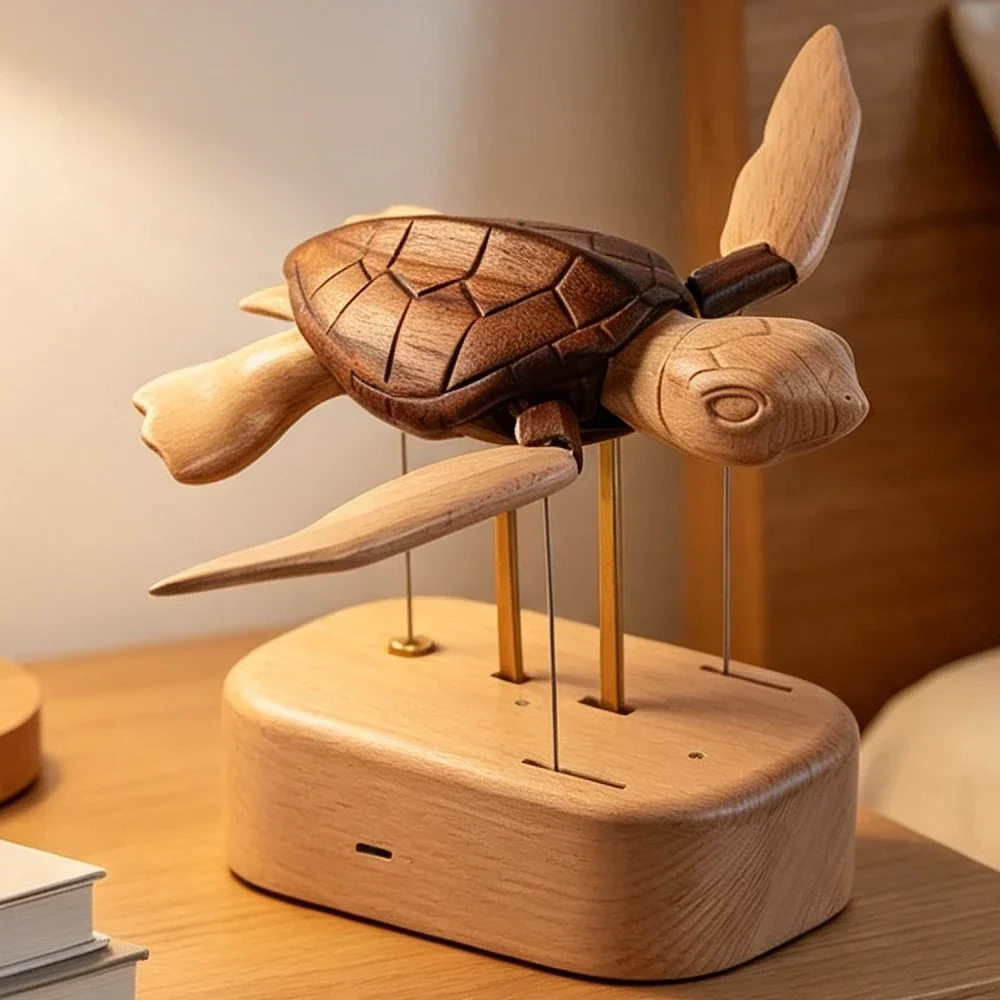 Handcrafted Wooden Sea Turtle Dynamic Automaton, Mechanical Sculpture, Stress Relief Desk Decor, Ocean Themed Gift for Adults