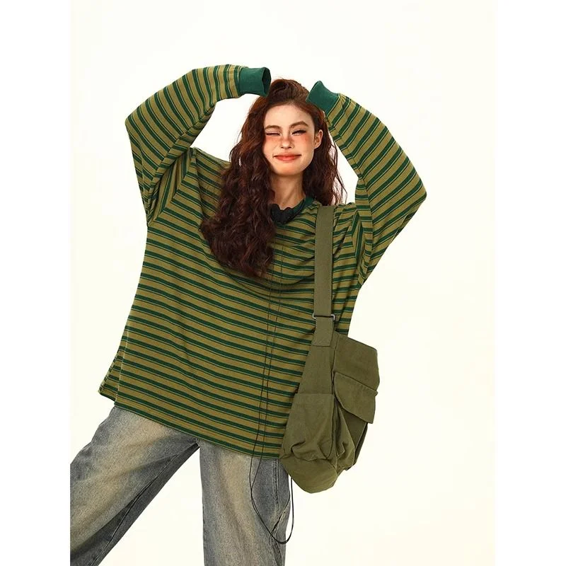 

Новинка 2025, осенний свободный топ, полосатая футболка с длинными рукавами в стиле ретро, женская нижняя рубашка