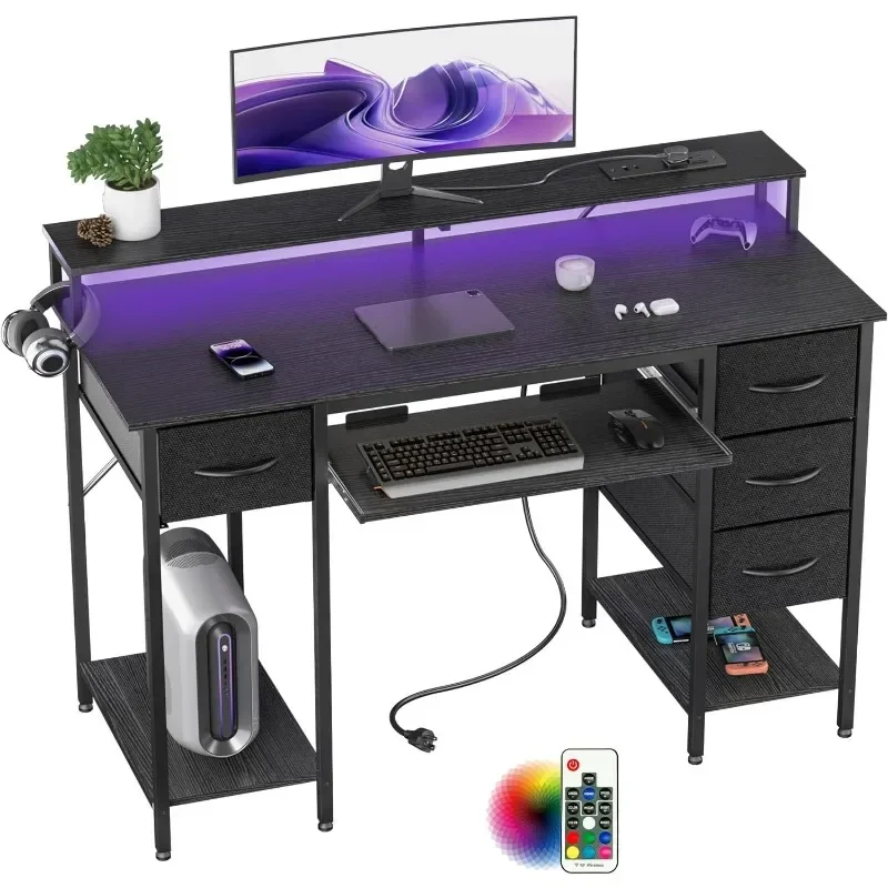 

Computer Desk with Drawers and Power Outlets, 47 Inch Gaming Desk with LED Lights, Home Office Desk with Monitor Stand