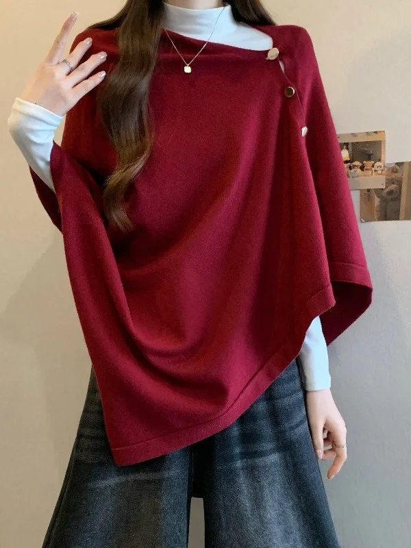 

Ele Red Knitted awl Coat Women's plus Size Spring Casual Asymmetrical Outerwear Comfortable Soft Polyester Blend