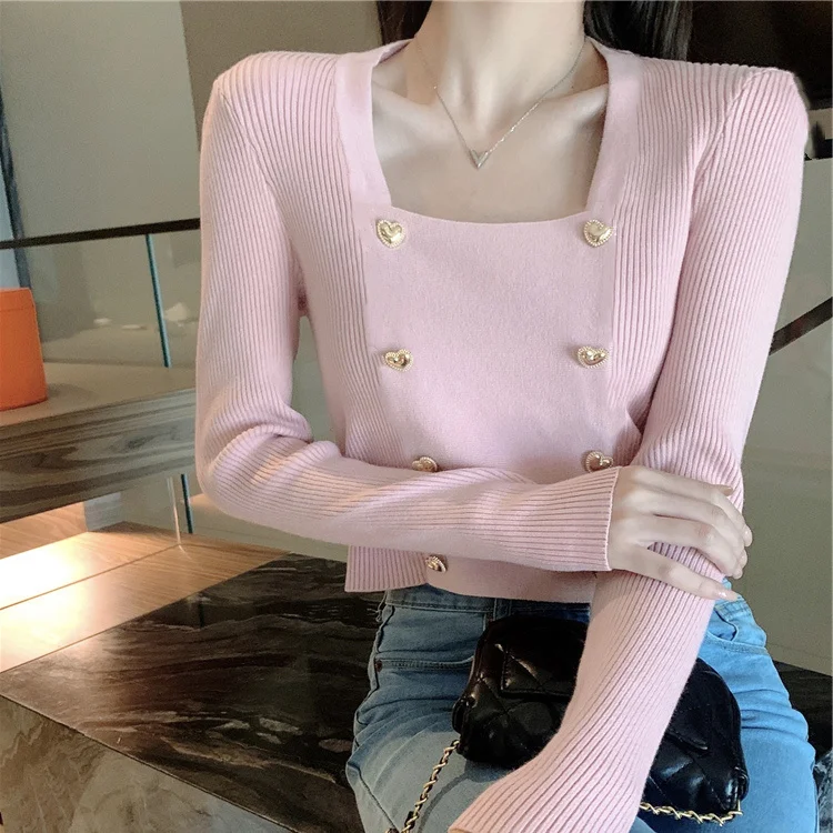 2323 Spring and Autumn New French Square Neck Underlay Women\'s Fashion Sweet Temperament Top Knitwear Trend