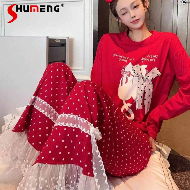 

Pure Cotton New Cute Homewear Set for Women Spring Autumn Suitable Lace Red Pajamas Female Japanese Style Sweet Sleep Suits