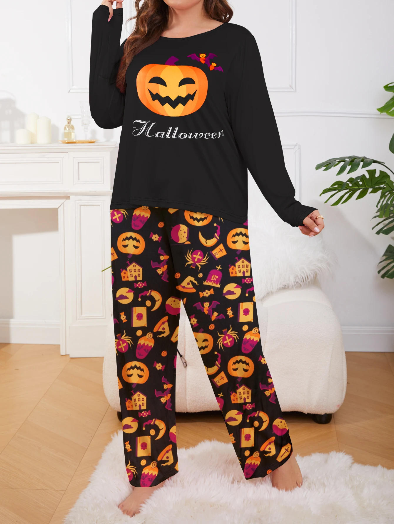 Halloween pumpkin print cute casual plus size women\'s pajamas home clothes T-shirt&pants 2-piece set