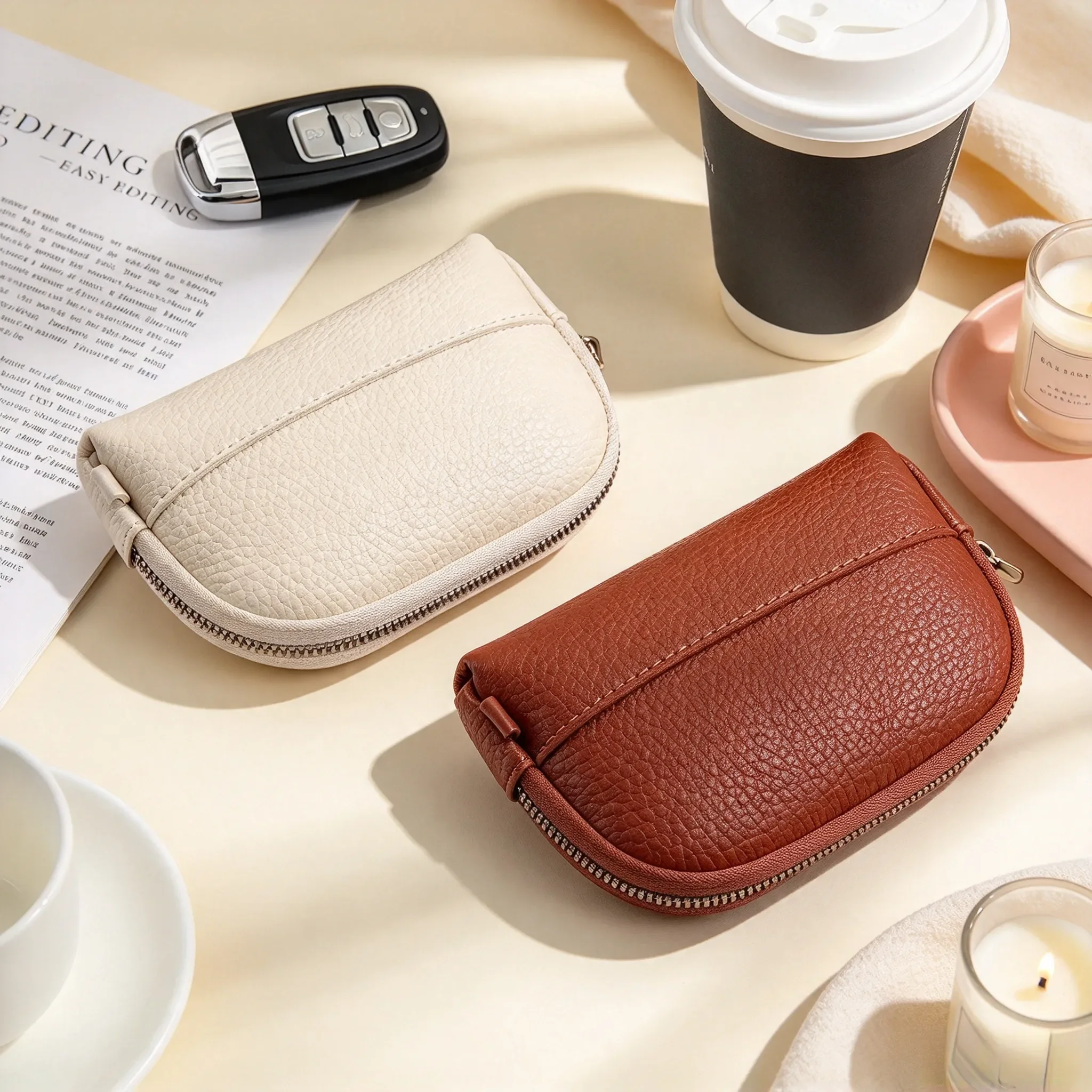 Minimally designed lychee patterned shell zipper coin purse, portable and multifunctional card bag, coin storage bag