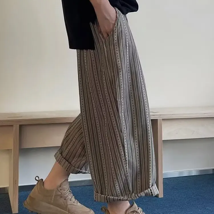 

Japanese Vintage Summer Men's Color-coded Striped Loose Casual Trendy Simple Basic Wide Leg Calf Length Trousers Male Clothes