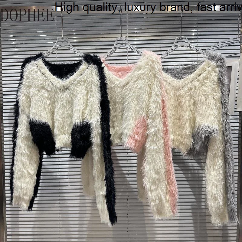 

Autumn 2023 New Winter Women Pullovers Knitted Jumpers V-neck Crop Top Colorblock Long Sleeve Imitated Mink Female Sweaters