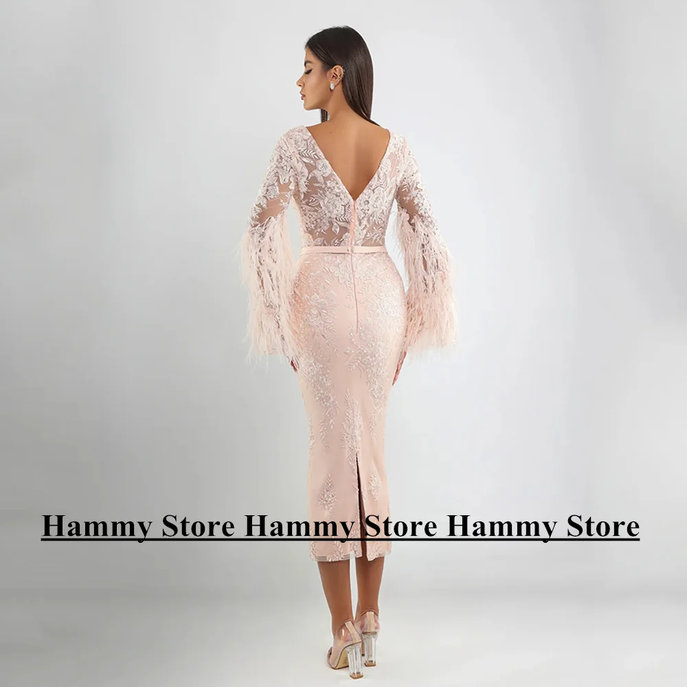 Champagne Lace Evening Dress Feathers Customized Short Prom Gown V Nek Long Sleeve See-through Tea Length Cocktail Party Dresses