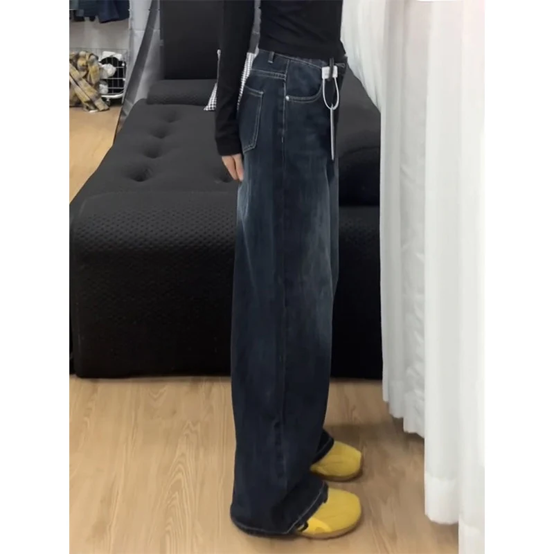

2025 Простые широкие джинсы с высокой талией, женские корейские однотонные прямые джинсовые брюки, женские свободные универсальные повседневные брюки
