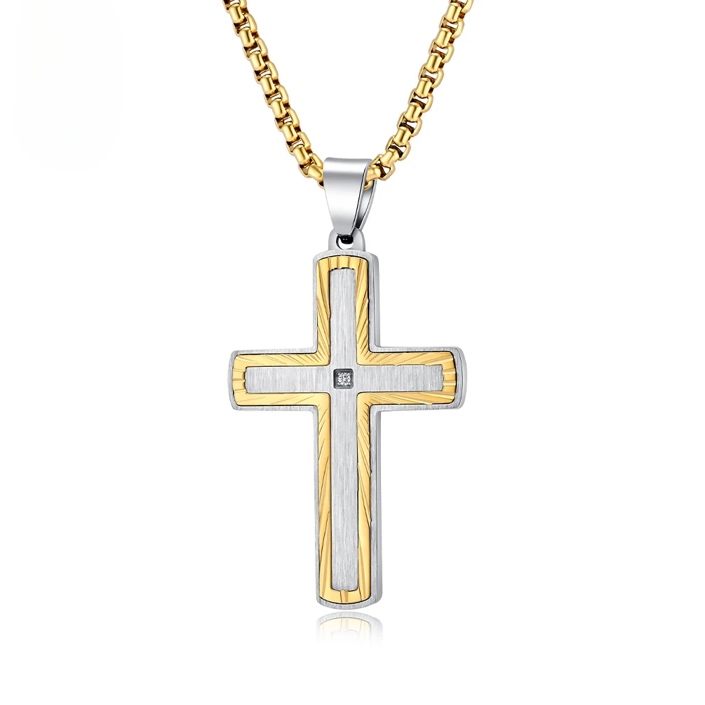 Punk Men's Stainless Steel Jesus Cross Pendants Classic Zircon Inlaid Prayer Amulet Vintage Necklace Party Jewelry