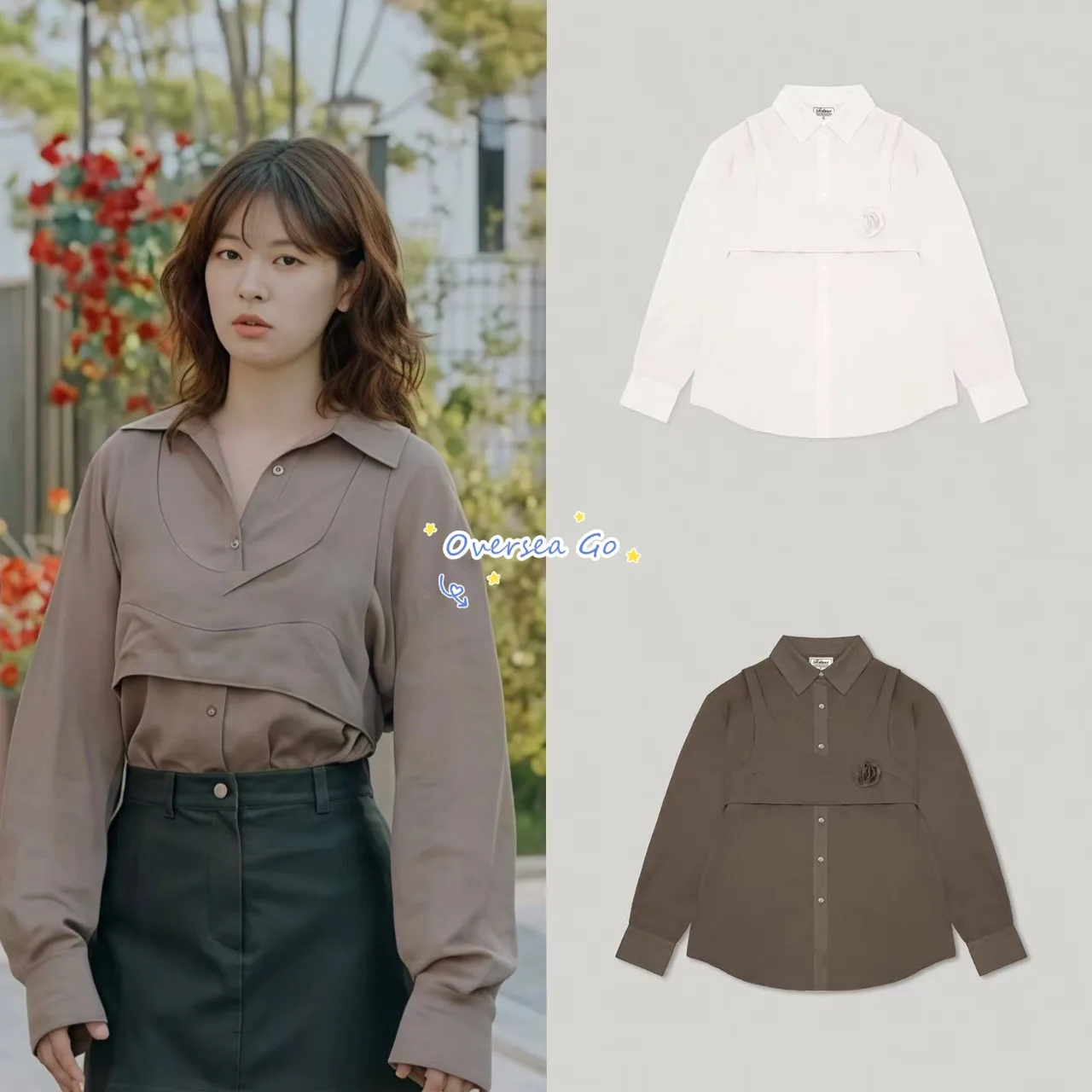 

Folnua 2026 New Zheng Sumin 3D Flower Vest Micro Transparent Long Sleeve Shirt Set Women's Commute Style Loose Fit Cotton Blend