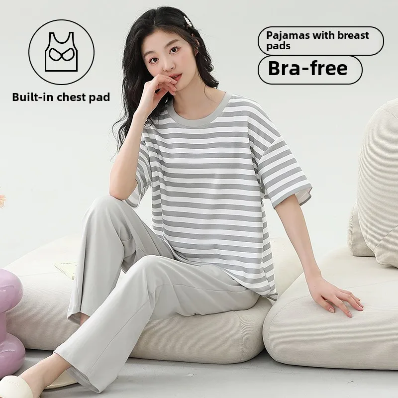 

Женский пижамный комплект с нагрудником в полоску, хлопок, мягкие свободные топы с короткими рукавами и длинные брюки, одежда для сна из двух предметов, нижнее белье, домашняя одежда