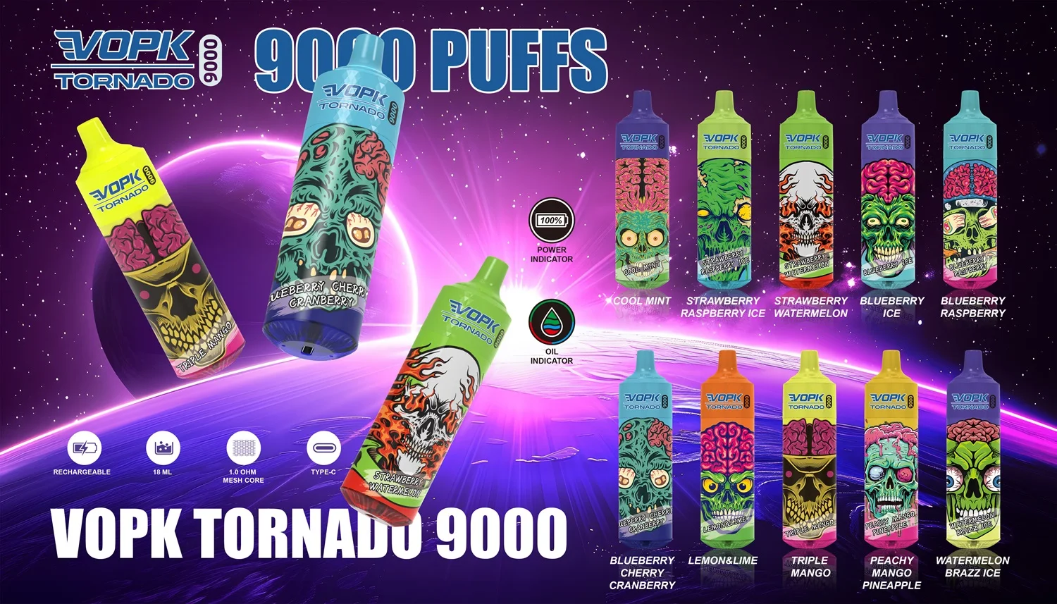 عربات الزيت مع عبوة عشوائية تورنادو 9000 نفث كرز أزرق 1 مل / 2 مل كبسولات فارغة 280 مللي أمبير في الساعة #2