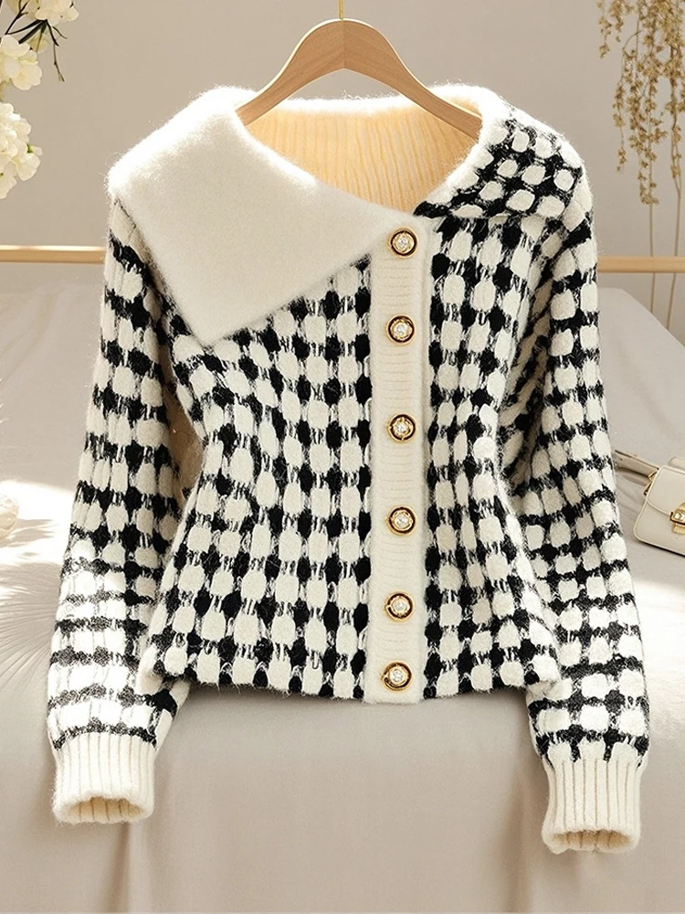 Plaid Asymmetrical Cardigan Long Sleeve Sweater Fashion Lively Cute Chic Korean Coat Tops Autumn Winter