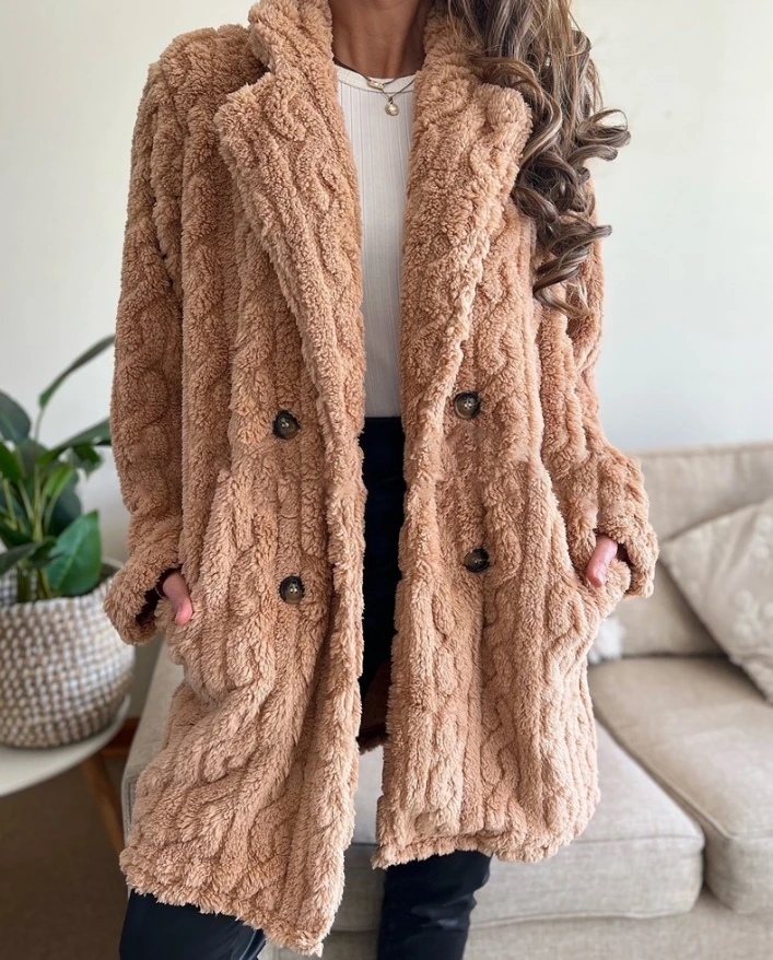 

Women's Jacket 2024 Autumn Winter Notched Collar Cable Textured Lapel Neck Button Front Pocket Long Sleeve Thermal Teddy Coat