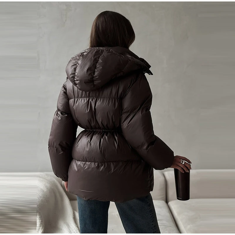 Fashion Solid Drawstring Cotton Jacket Women Chic Long Sleeve Zipper Loose Hooded Coat Winter Lady Warm Daily Street Outwear