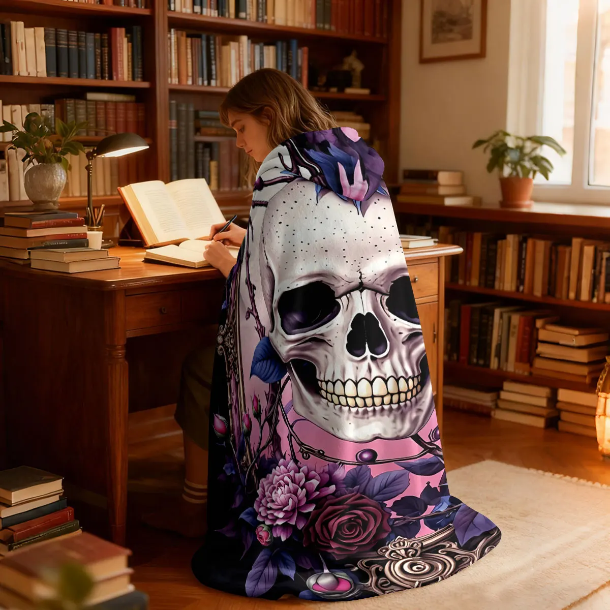 1pc Gothic Skull Rose Printed Hat Blanket Flannel Hoodie Wearable Cape Blanket Soft and Casual, Can Be Washed - view 2