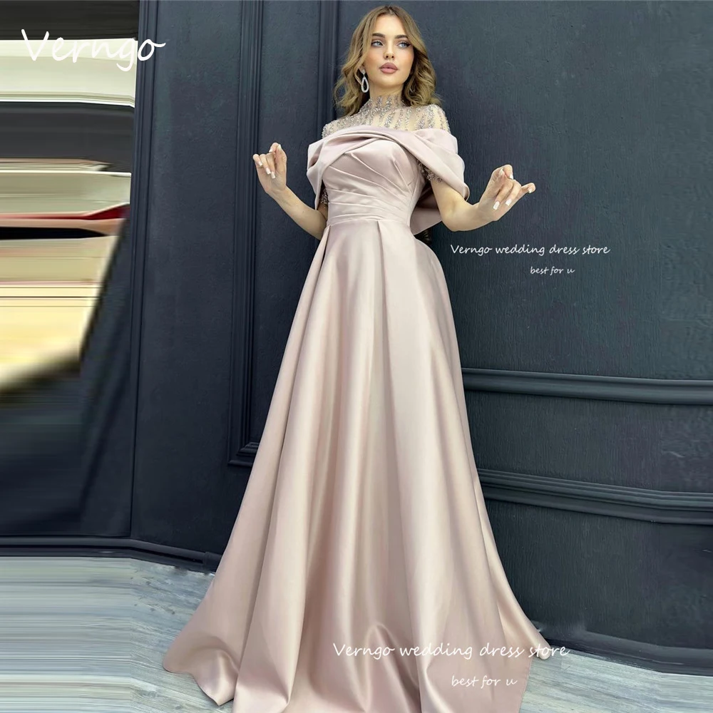 

Verngo Arabic Women High Neck Glitter Long Evening Dresses Short Sleeves Satin Blush Formal Gowns Prom Dress Party Occasion