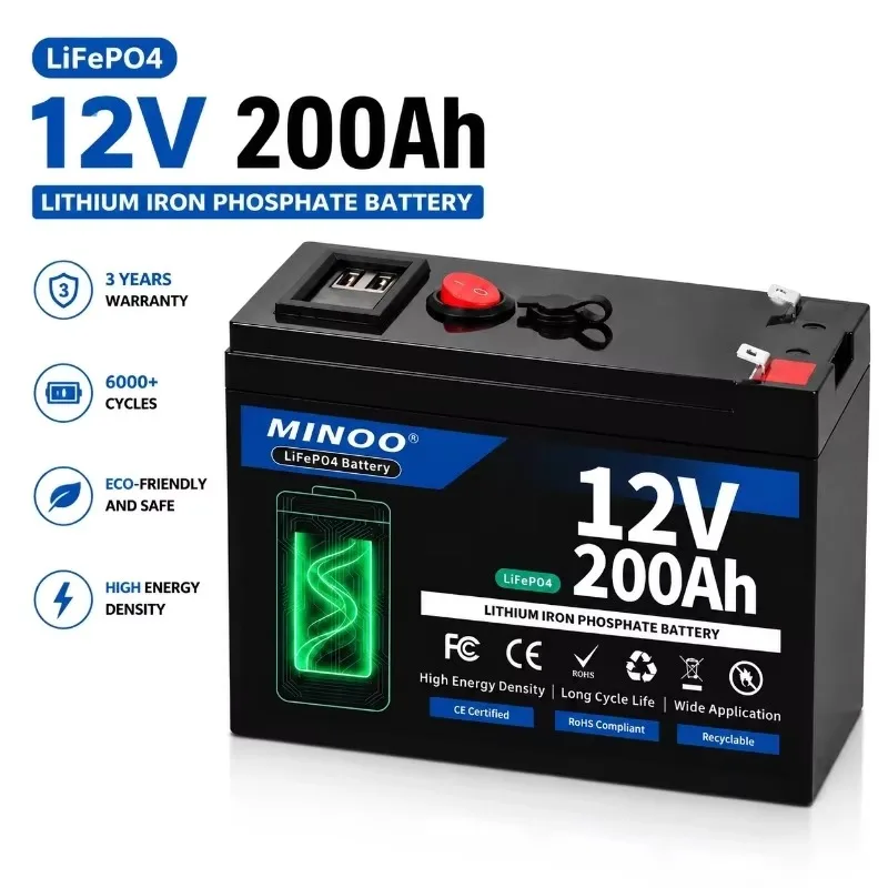 12V 200Ah LiFePO4 Battery Lithium Iron Phosphate Deep Cycle Rechargeable Battery With BMS For Solar RV Marine Energy Storage