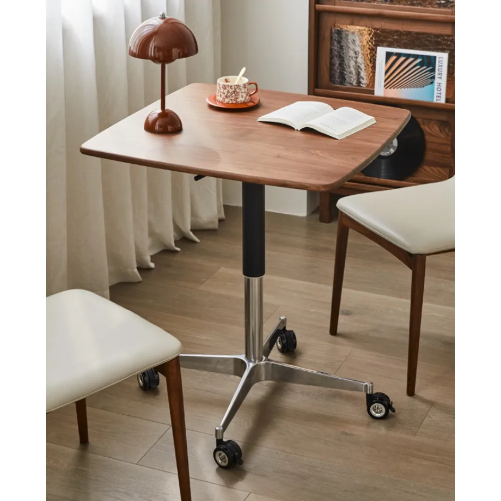 

Black walnut lifting square table with wheels mobile small coffee table modern simple all solid wood