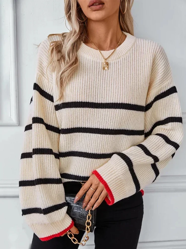 New Autumn Casual Loose Striped Knitted Pullover Sweater Women Jumper 2024 Winter O-neck Long Sleeve Knitwear for Women Sweaters