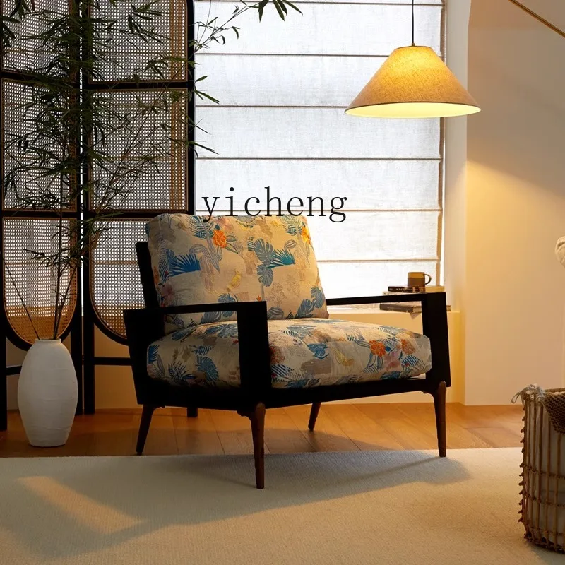

TQQ medieval retro wind embroidery spring chair single sofa chair B & B living room solid wood leisure chair