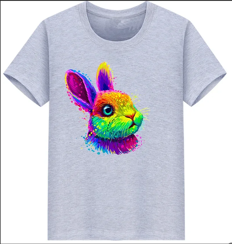 Cotton  100% New Instagram Trend Easter Rabbit T-Shirt Colorful Rabbit Print Men and Women's T-shirt Harajuku Cl All Round Tops