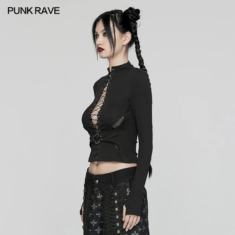 PUNK RAVE Women\'s Punk Sexy Drawstring Structure Knitted Long Sleeve T-shirt Handsome Small High-neck Black Tops Women Clothes