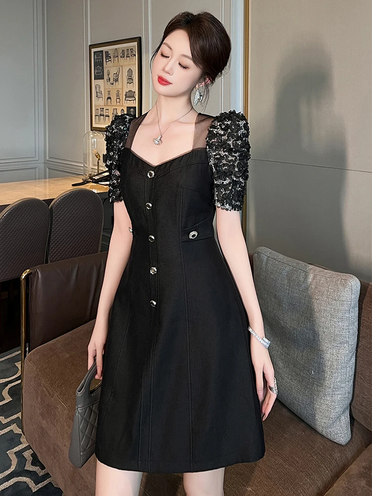 Neue elegante Arbeit Stil formale Gelegenheit schwarz kurzes Kleid Frauen Mujer Mesh schiere Pailletten Puff Ärmel A-Linie Vestido Straßen kleidung