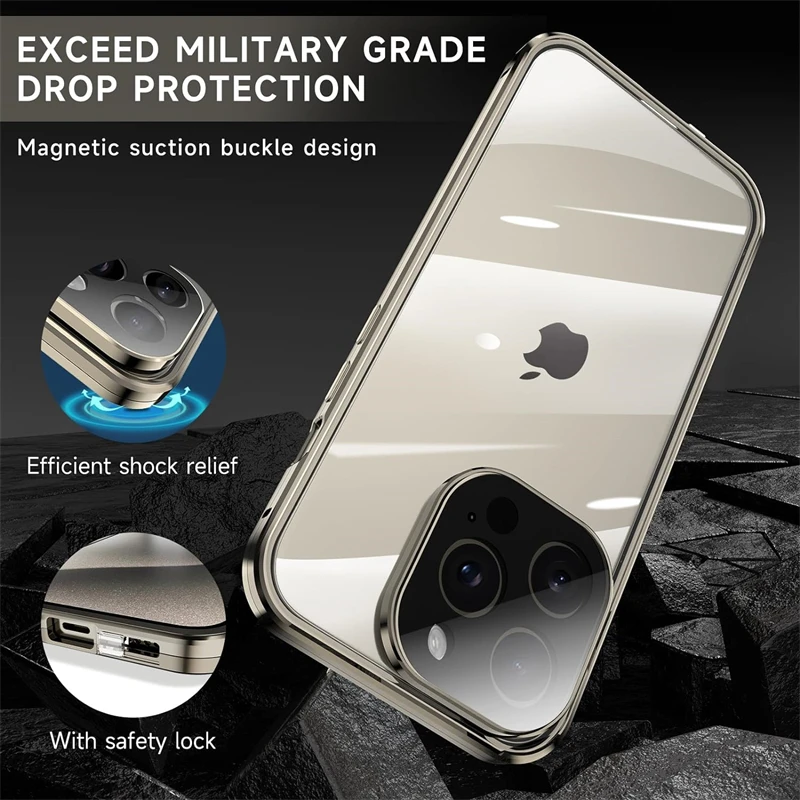 360 Full Body Protection Magnetic Metal Bumper Case for IPhone 15 14 13 12 11 Pro Max Plus 15Pro IPones Front Back Glass Cover