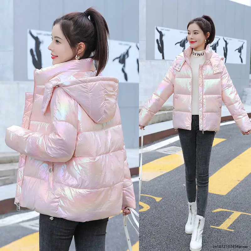 

2023 Cotton Padded Glossy Snow Parka Women Winter New Waterproof Sequins Zipper Fly Coat Hooded Thickened Puffer Jacket