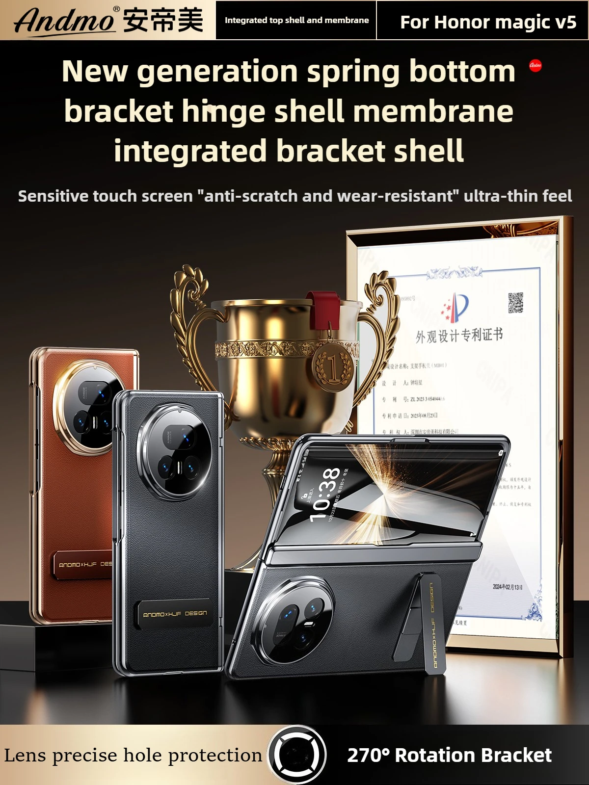 

[Shell and film integration] for Honor Magic V5 Case Genuine Leather with 270°rotating bracket ,central axis all-inclusive case