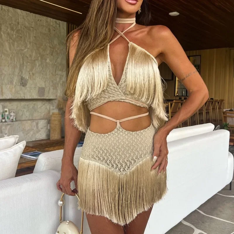 

Tassel Patchwork Holiday Beach 2 Piece Set Women Sexy Lace Up Halter Backless Camis Crop Tops + Mini Skirts Club Party Suits