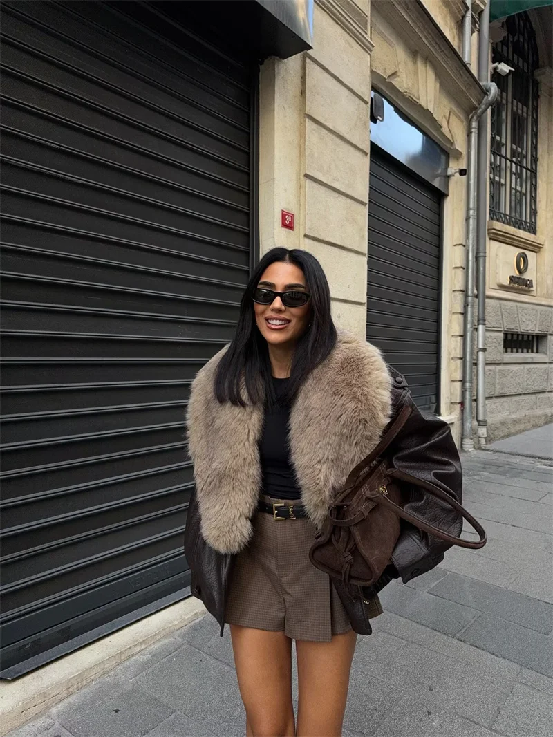 سترة نسائية من الجلد الصناعي مع ياقة قابلة للفصل وياقة كبيرة من الفرو كاجوال من الجلد الدافئ للخريف والشتاء #4