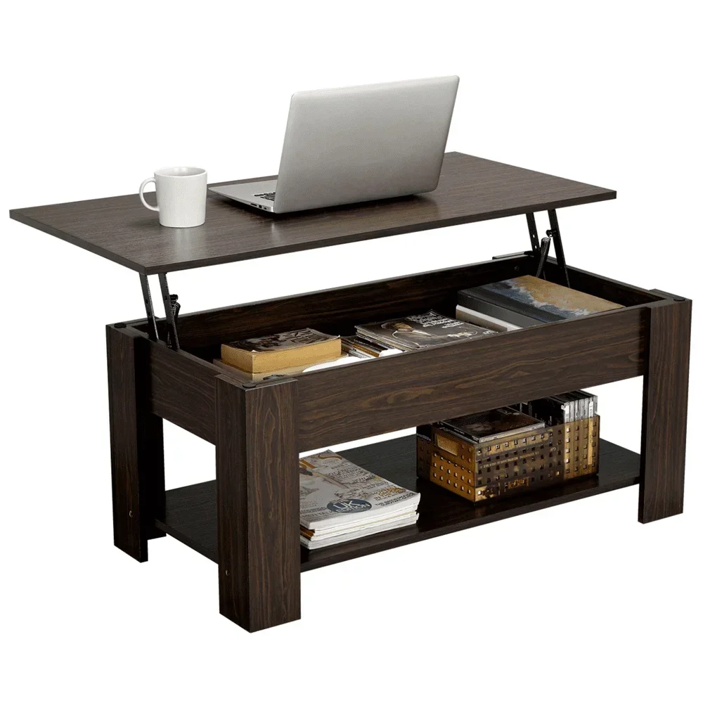 Mesa de centro moderna con tapa elevable de madera de 38,6" con estante para salón, color espresso