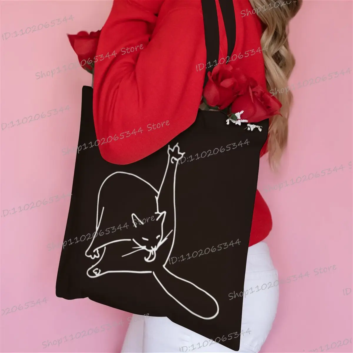 مضحك القط التسوق للمتسوقين أكياس مضيئة نمط Harajuku قابلة لإعادة الاستخدام حقيبة نسائية صغيرة حقيبة يد الإناث قماش فتاة هدية #3