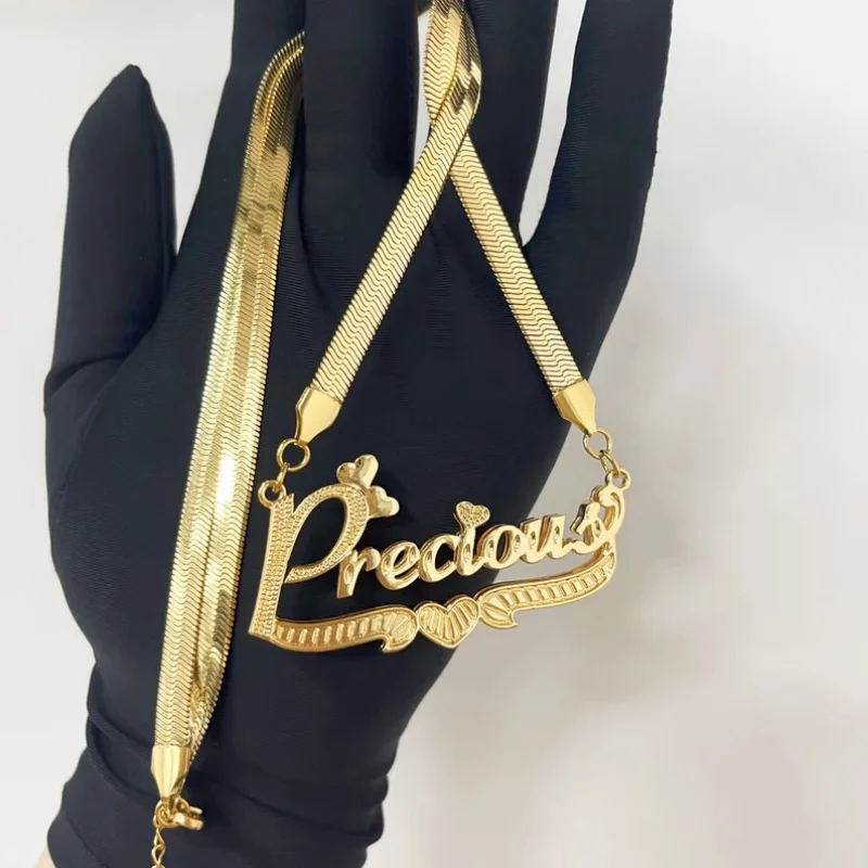 

Roro's Personized Double Nameplate With Heart Necklace Snake Chain Necklace Cute Design Necklace Stainless Steel Necklace