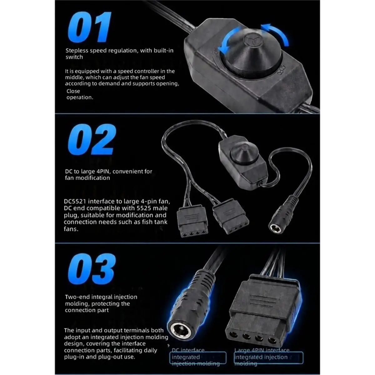 DC 5521 to Dual IDE 4PIN Fan Stepless Speed Control Cable with Switch for Aquarium Cooling Fans Modified Connecting