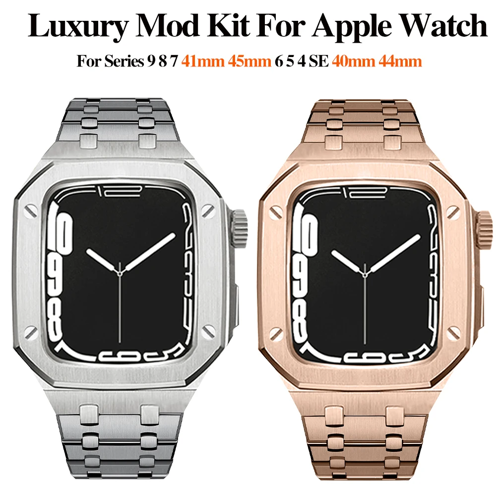 Luxury Stainless Steel Modification Mod Kit for Apple Watch 9 8 7 45mm 41mm Metal Case for iWatch 6 5 4 3 SE 44mm 40mm Band Set