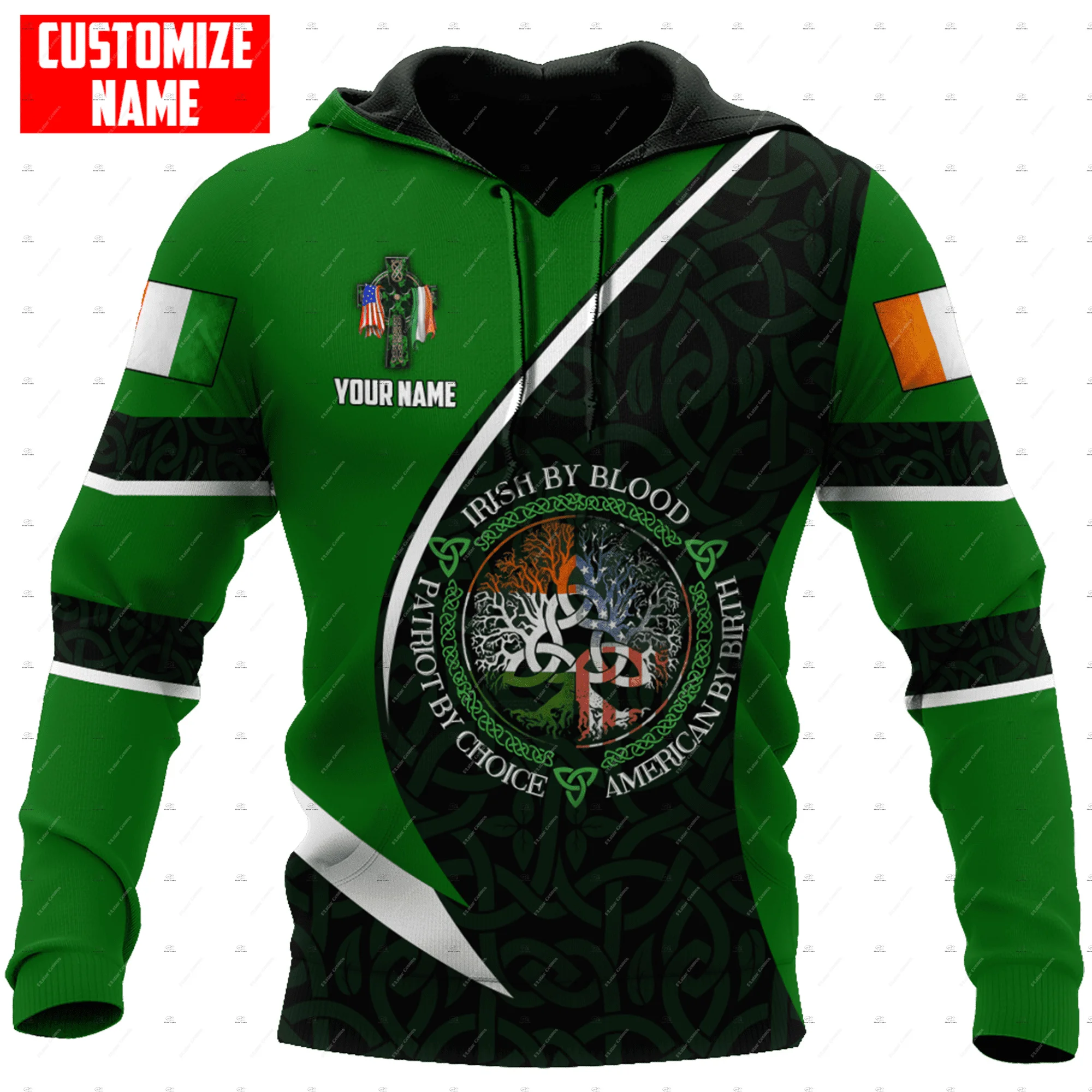 Custom Name Irish Ireland Country Flag St.Patrick Tattoo Vintage Retro Unisex 3DPrint Harajuku Pullover Casual Jacket Hoodies X2