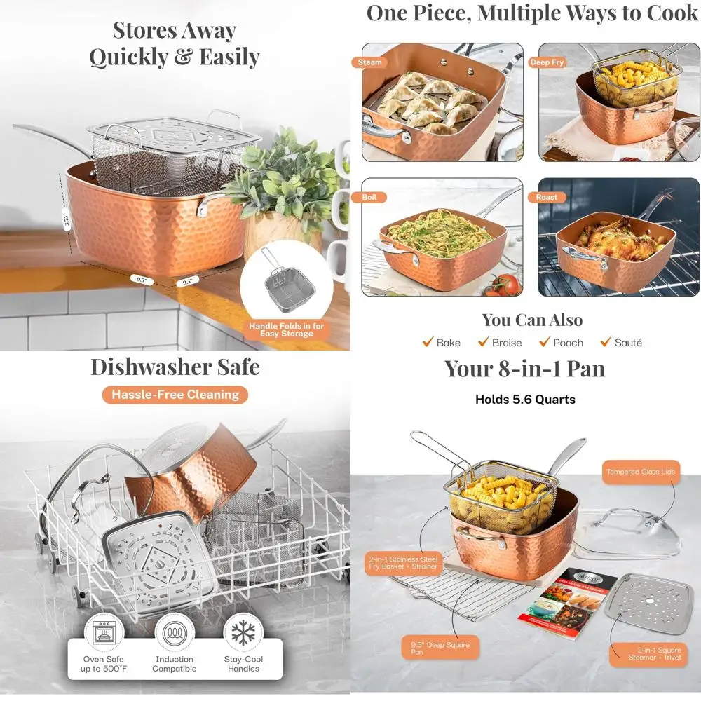 

9.5 Square Deep Frying Pan with Ceramic Coating, 4-Piece Set Including Lid, Basket, and Steamer, Dishwasher Safe