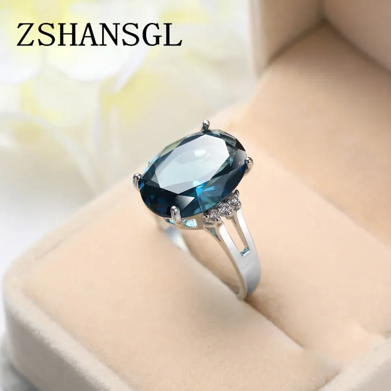 Fashion Women Jewelry 925 Sterling Silver Oval Dazzling Blue Zircon Crystal Rings Size 6-10 Female Jewelry Anillos Wholesale