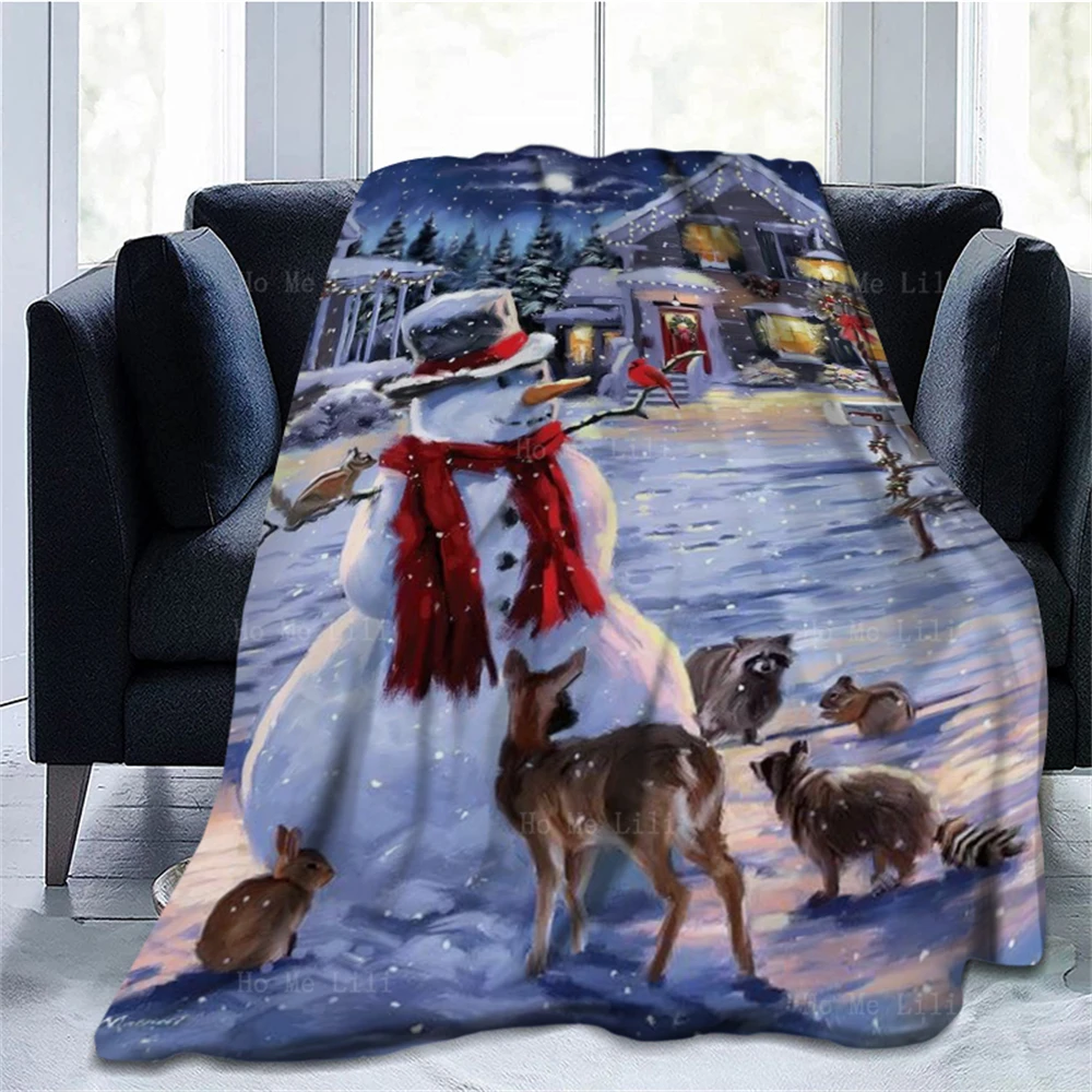 Dog Xmas Santa Hat Snowman With Friends Animals Snowy Night Scene Merry Christmas Soft Cozy Flannel Blanket