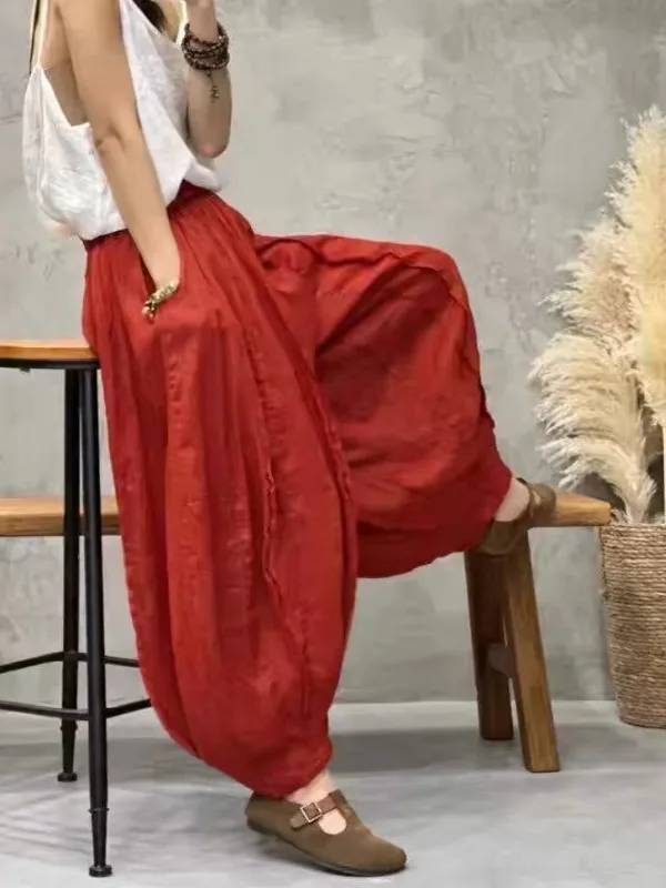 Retro Patchwork Double Layer Lantern Pants Loose Slimming Large Size Pumpkin Pants Women Summer Casual Wide Leg Trousers