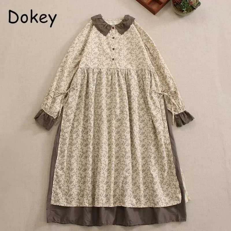 Women's Vintage Flower Long Sleeve Dress Japanese Mori Girl Peter Pan Collar Patchwork Cotton Dress Autumn Casual Loose Vestidos