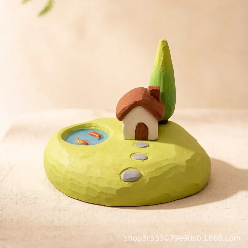 Wood‑carved scene cottage, office desktop ornament, car decor, street‑stall creative gift