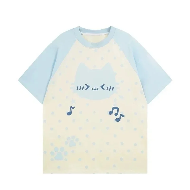 Japanese Cute Cat Shoulder T-shirt for Women Y2K Harajuku Style Striped Dot Printed Loose Short Sleeves in Multiple Styles