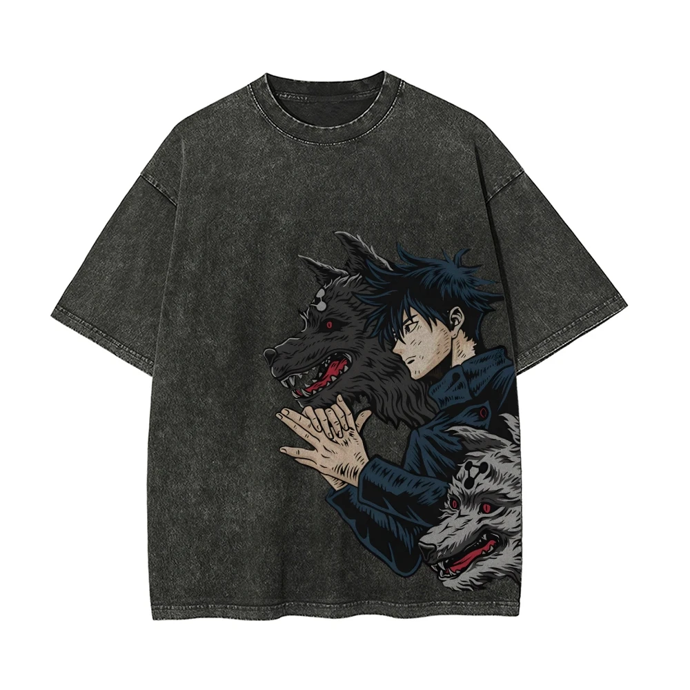 Japanse Anime-Stijl Jongens En Wolf Print Dames T-Shirt Unisex Losse Wash Denim Korte Mouw Vintage Harajuku Stijl Top Tees